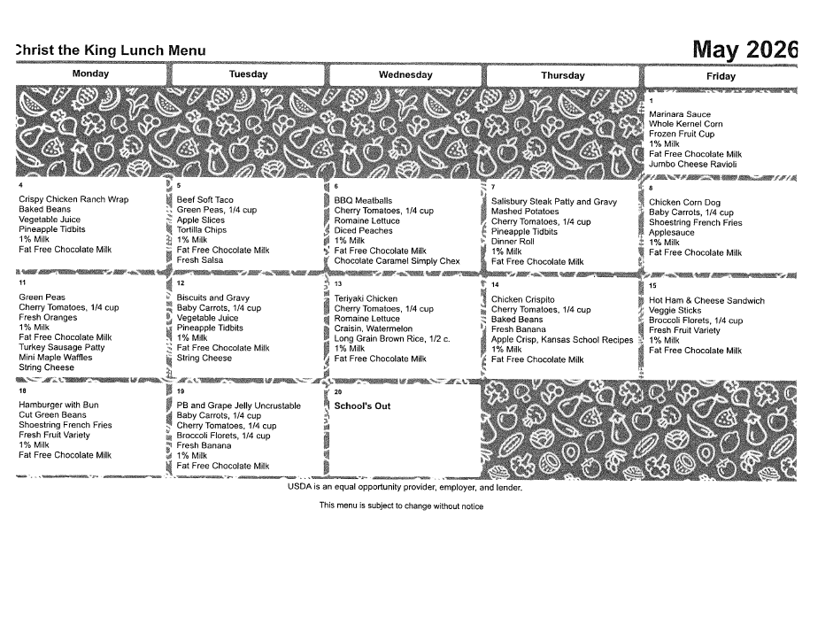 May 2026 Lunch Menu